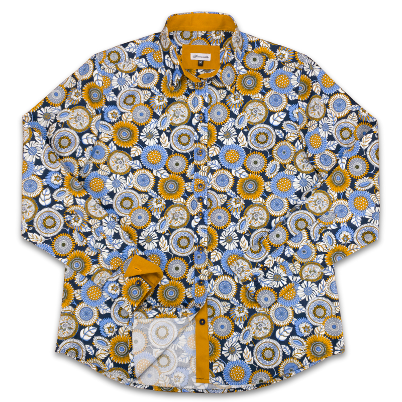 Grenouille Ladies Navy & Gold 60s Style Floral Print Shirt