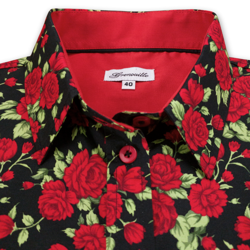 Grenouille Ladies Long Sleeve Black & Red Rose Print Shirt