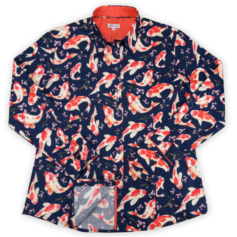 Grenouille Ladies Long Sleeve Navy Koi Print Shirt