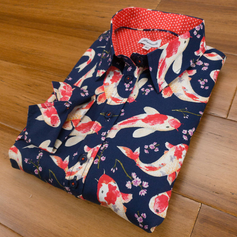 Grenouille Ladies Long Sleeve Navy Koi Print Shirt