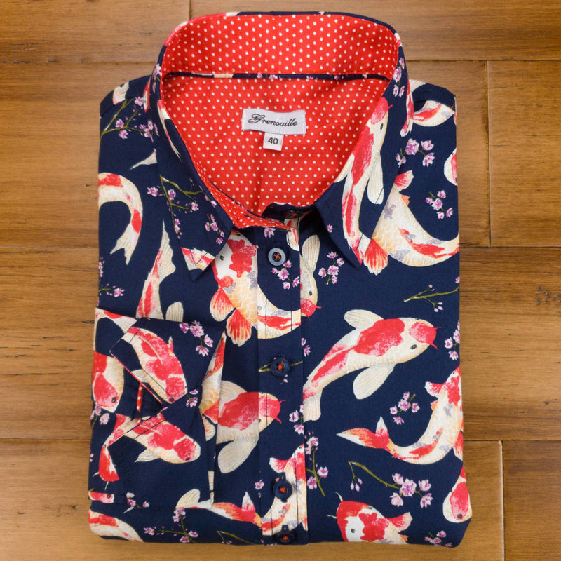 Grenouille Ladies Long Sleeve Navy Koi Print Shirt