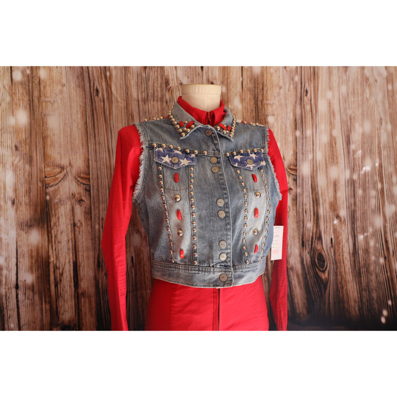 Ladies Medium Patriotic Denim Ranch Vest w/ Silver and Red Accents